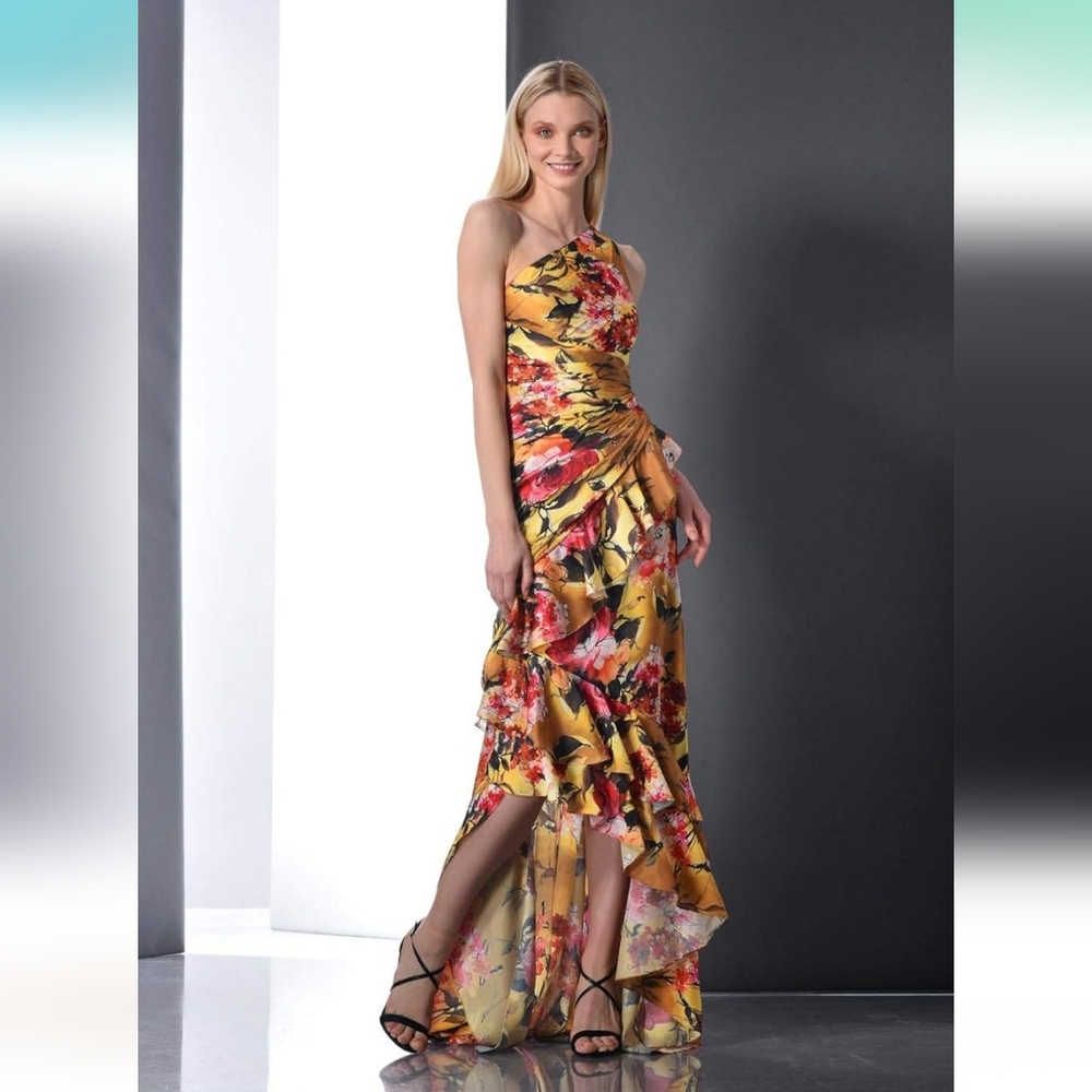 THEIA floral raffles sleeveless One shoulder bridal party gown yellow $795